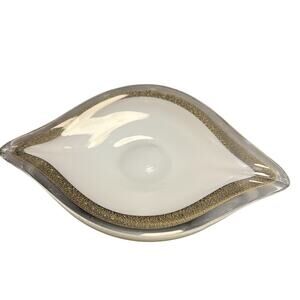Art Glass Trinket Dish Eye Oyster Seashell Shape Swirl White Gold Fleck 7” READ